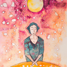 watercolor image on person with eyes closed with yellow sphere above them, mottled reddish backgroud