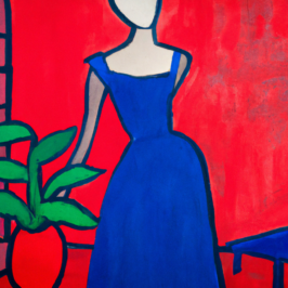 painting of woman in blue dress on a red background, inspired by matiise
